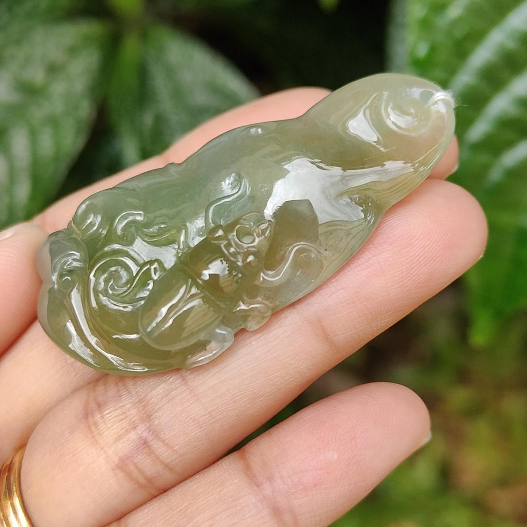Green and Yellow Natural Type A Jadeite Pendant Necklace Crafted with Ruyi and Beetle, certificate included weigh 23.25 grams, 52.3 * 29 * 9.9 mm, symbols of A steady flow of wealth, protection from danger, safety and health (pendant163) Yi Pin Qian