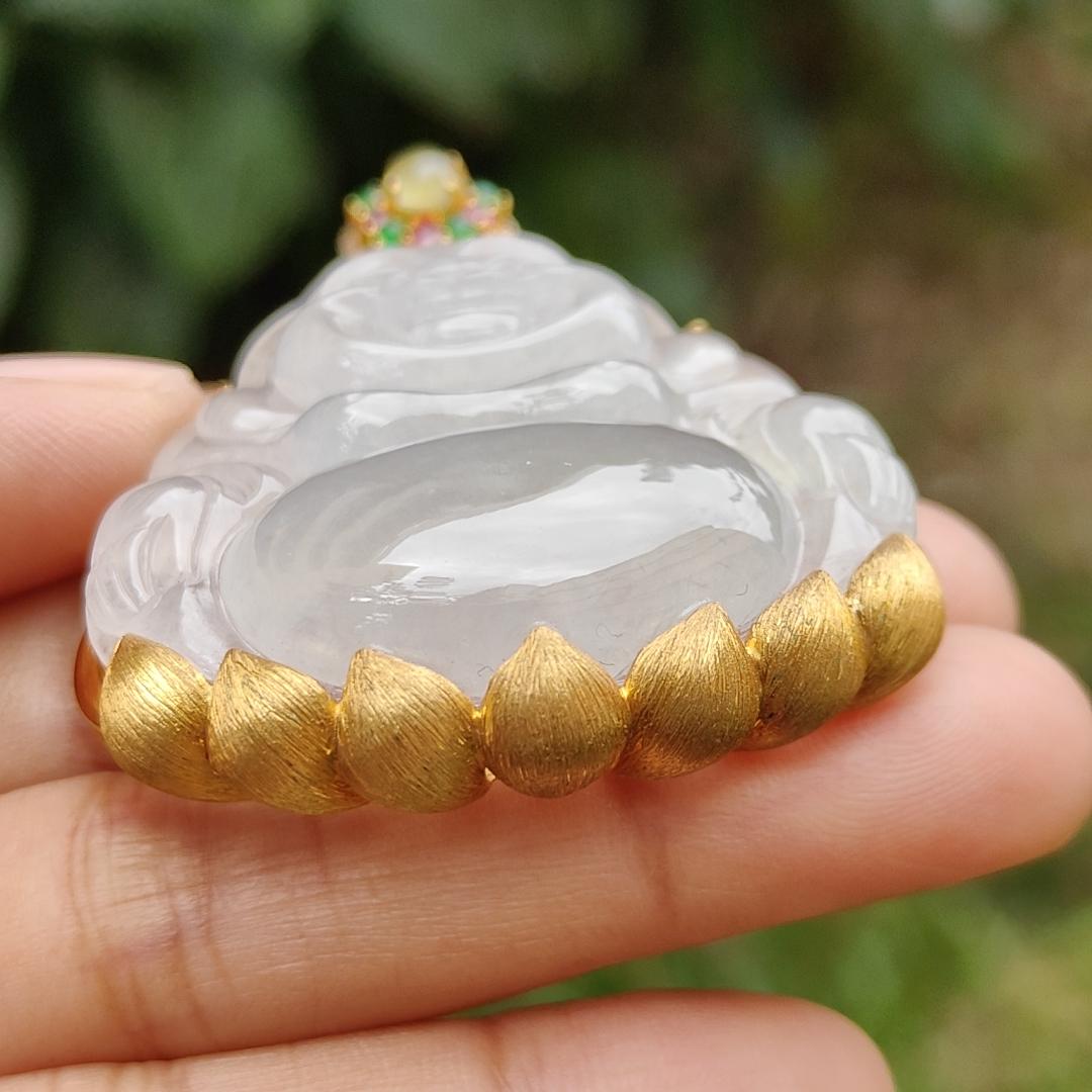 Premium Icy Translucent Natural Type A Jadeite Jade crafted as Milo Buddha set on 18k gold with diamonds as Pendant, certificate weighs 26.07 grams, measurement 38.8 * 40 * 7.2 mm, (18kp41) Yi Pin Qian