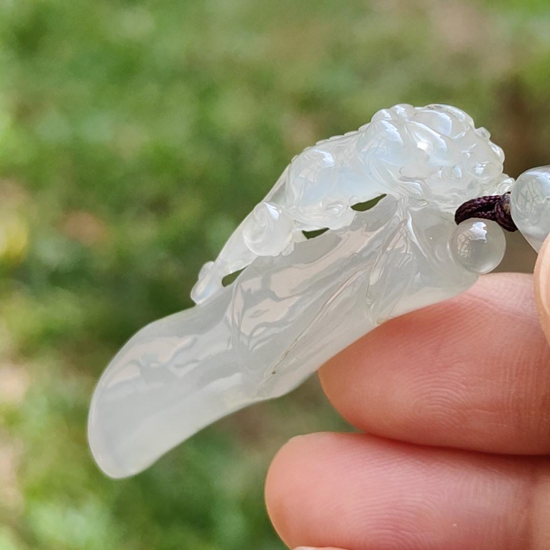 Premium Semi Icy with Light Green Hue Natural Type A Jadeite Jade crafted with Pixiu as a Pendant, certificate included weigh 12.61 grams, measurement 492. * 17.1 * 8.7 mm (pendant202) Yi Pin Qian