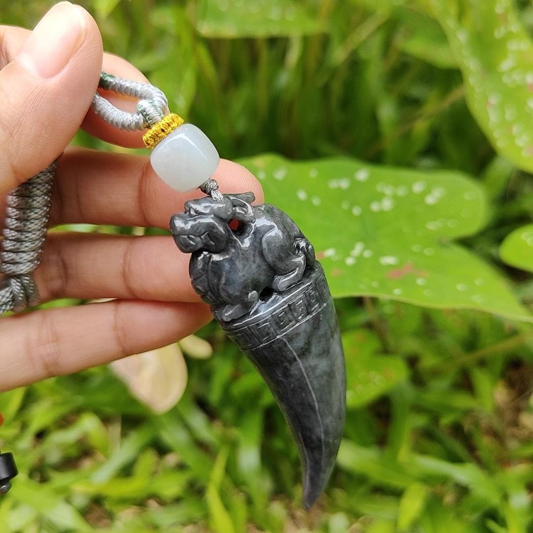 Black Wuji Natural Type A Jadeite Pendant Carved with Dragon Teeth plus Pixiu come with certificate weight 30.85, 70.3 * 23.1 * 13 mm (pendant100) Yi Pin Qian