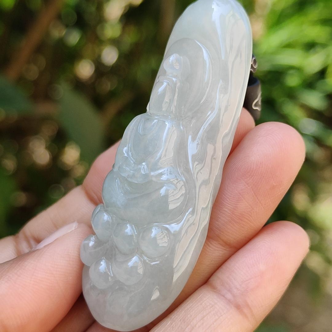 High Quality Light Green Hue Natural Type A Jadeite Jade crafted with Faceless Guanyin as Pendant, Certificate weighs 33.26 grams, measurement 63.8 * 23.6 * 12.2 mm (pendant237) Yi Pin Qian