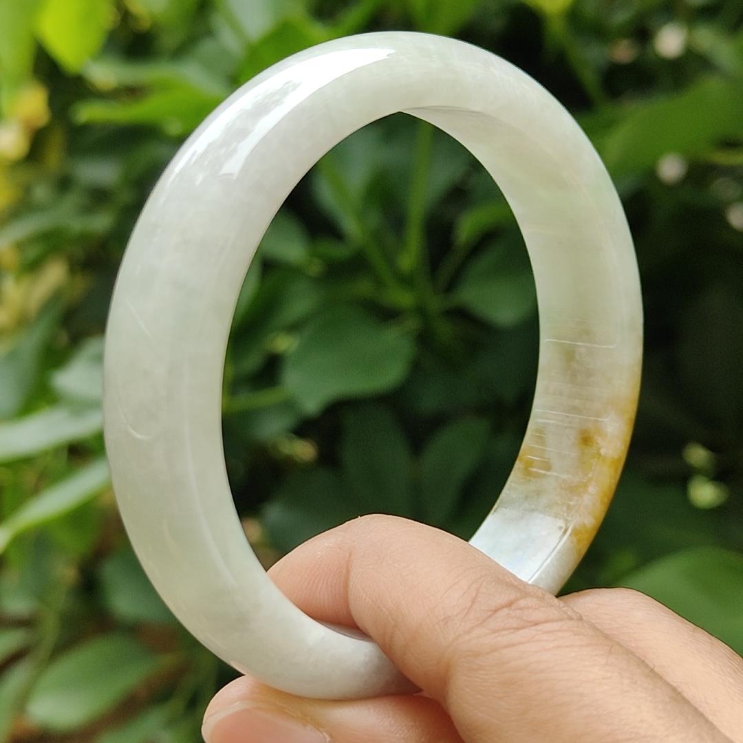 57.7 mm Crafted as Peace bangle on Burmese with light green hue and brown Natural Type A Jadeite Jade, certificate weighs 60.36 grams, Width 14mm, Thickness 7.5mm (bangle17) Yi Pin Qian Jadeites Jade Jewelry ~Your Precious Quintessential ~ Singapore