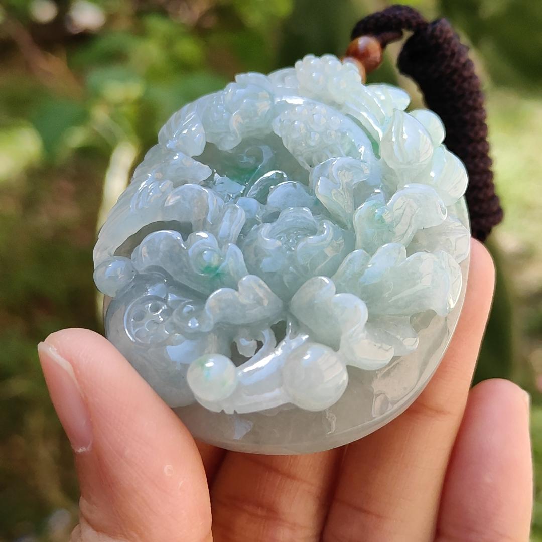 Green with Bluish Green Hue Natural Type A Jadeite Pendant Necklace crafted with Bird and flowers, symbols of Auspiciousness, blessing, Nature and vitality, certificate included weigh 69.39 grams, 55.2 * 45.8 * 15.8 mm, suitable for collection (pendant49) Yi Pin Qian