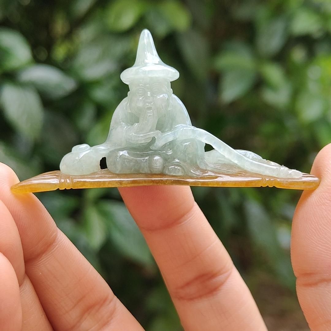 Light Green with Yellow Natural Type A Jadeite Jade crafted with Old Men Fishing as Display, certificate weighs 17.06 grams, measurement 65.2 * 32.8 * 12 (display1) Yi Pin Qian