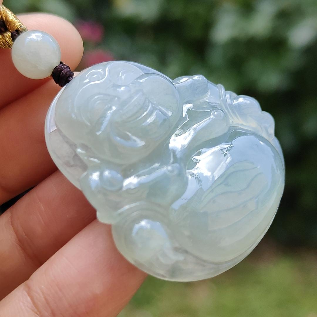Premium Quality with good density and light green bluish hue Natural Type A Jadeite Pendant Necklace crafted with Laughing Buddha, certificate included weigh 17.14 grams, 36.7 * 34.2 * 8.7 mm, a good collection or for your daily wear (pendant32) Yi Pin Qian
