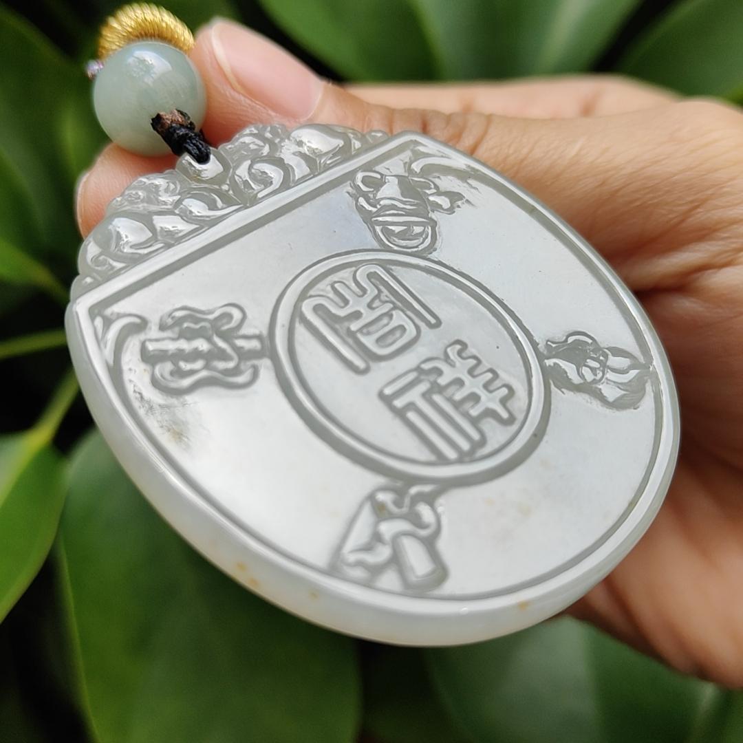 Crafted on Natural Light Green, Yellow Type-A Jadeite-Jade as Traditional Pendant with Pair of Pixiu, Bull and Chinese Word meaning auspicious, certificate weighs 32.14 grams, measurement 54.5 * 47.5 * 5.5 mm (pendant301) Yi Pin Qian Jadeites Jade Jewelry ~Your Precious Quintessential ~ Singapore