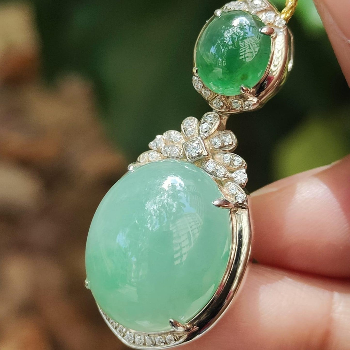 Natural Type A Jadeite Pendant – Icy Emerald & Light Green Cabochons, S925 Silver Setting, Timeless Elegance (s925p6) Yi Pin Qian Jadeites Jade Jewelry ~Your Precious Quintessential ~ Singapore