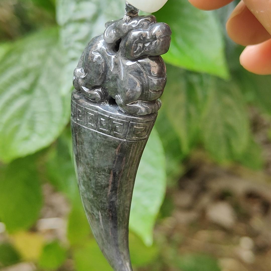 Black Wuji Natural Type A Jadeite Pendant Carved with Dragon Teeth plus Pixiu come with certificate weight 30.85, 70.3 * 23.1 * 13 mm (pendant100) Yi Pin Qian