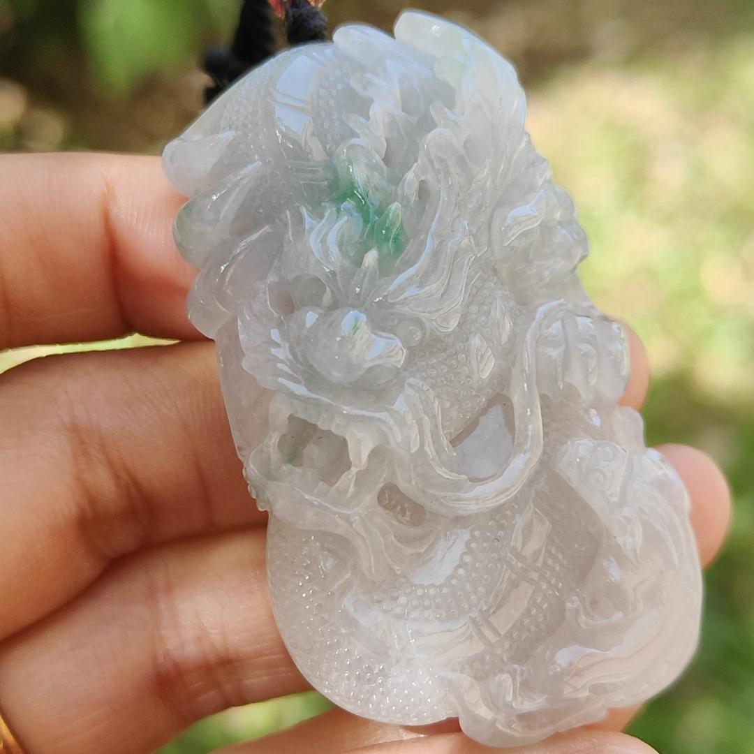 High Quality Semi Icy Translucent Light Green Light Lavender Natural Type A Jadeite Jade crafted with Dragon as Pendant, certificate weighs 35.24 grams, measurement 55.7 * 33.3 * 13.3 mm (pendant264) Yi Pin Qian