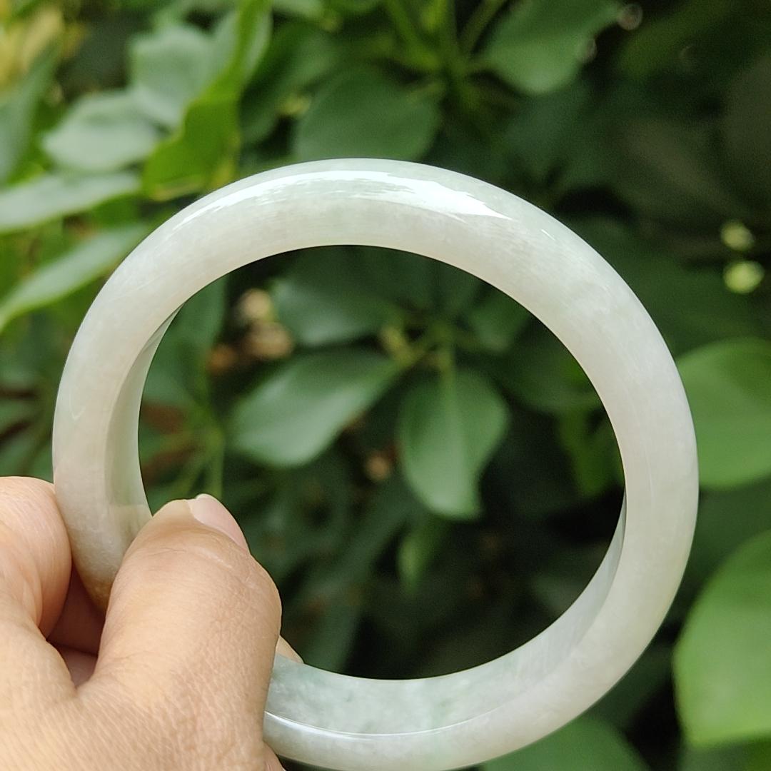 57.7 mm Crafted as Peace bangle on Burmese with light green hue and brown Natural Type A Jadeite Jade, certificate weighs 60.36 grams, Width 14mm, Thickness 7.5mm (bangle17) Yi Pin Qian Jadeites Jade Jewelry ~Your Precious Quintessential ~ Singapore