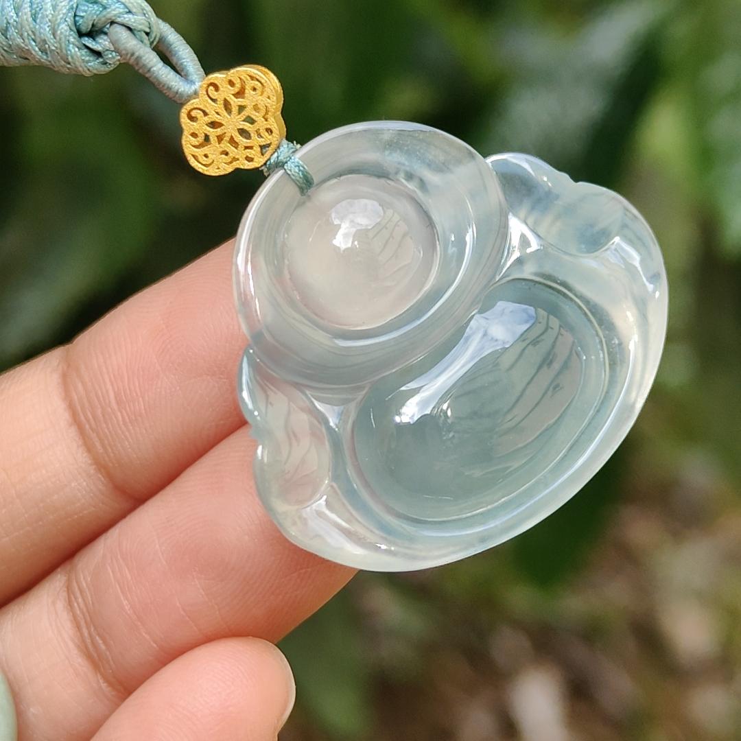 Old Pit Icy Bluish Green Natural Type A Jadeite Pendant Necklace crafted as Laughing Buddha with certificate weigh 13.48 grams, 27.7 * 31.6 * 7.2 mm (pendant162) Yi Pin Qian