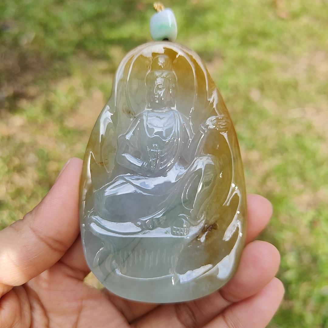 Hugh High Quality Light Green, Yellow Brown and Red Natural Type A Jadeite Jade crafted as Guanyin for Pendant, certificate weighs 79.47 grams, measurement 83.3 * 52.6 * 8.5 mm (pendant282) Yi Pin Qian