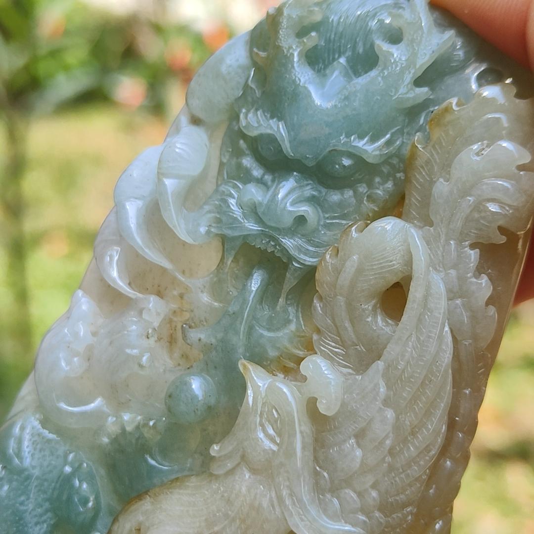 Light Green and Yellow Natural Type A Jadeite Jade Crafted with Dragon and Pheonix as Pendant, Certificate weigh 96.95 grams, measurement 90.2 * 55.7 * 11.5 mm (pendant222) Yi Pin Qian