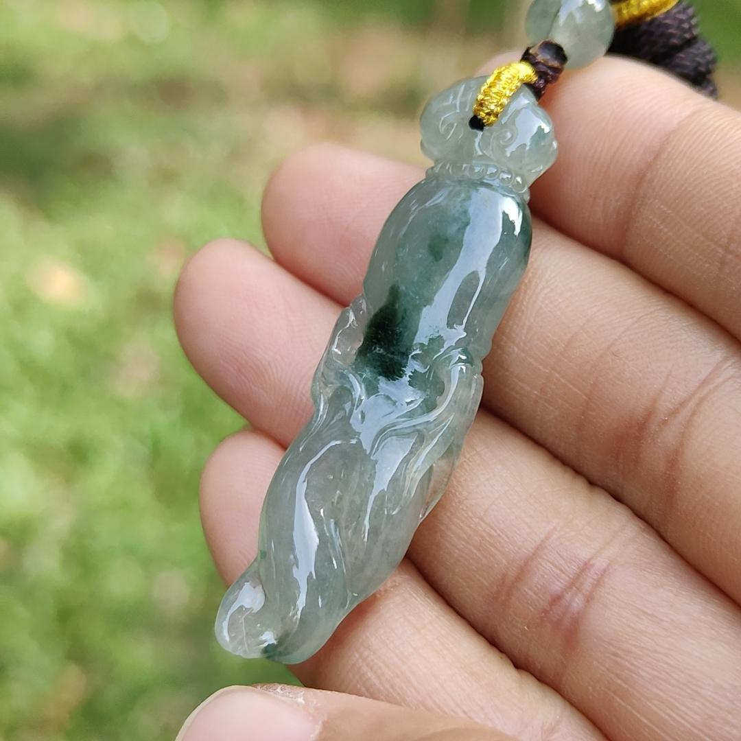 High Quality Light Green with Green Natural Type A Jadeite Jade crafted with shape of Ginseng as Pendant, certificate weighs 7.63 grams, measurement 48.2 * 12.7 * 7.1 mm (pendant277) Yi Pin Qian