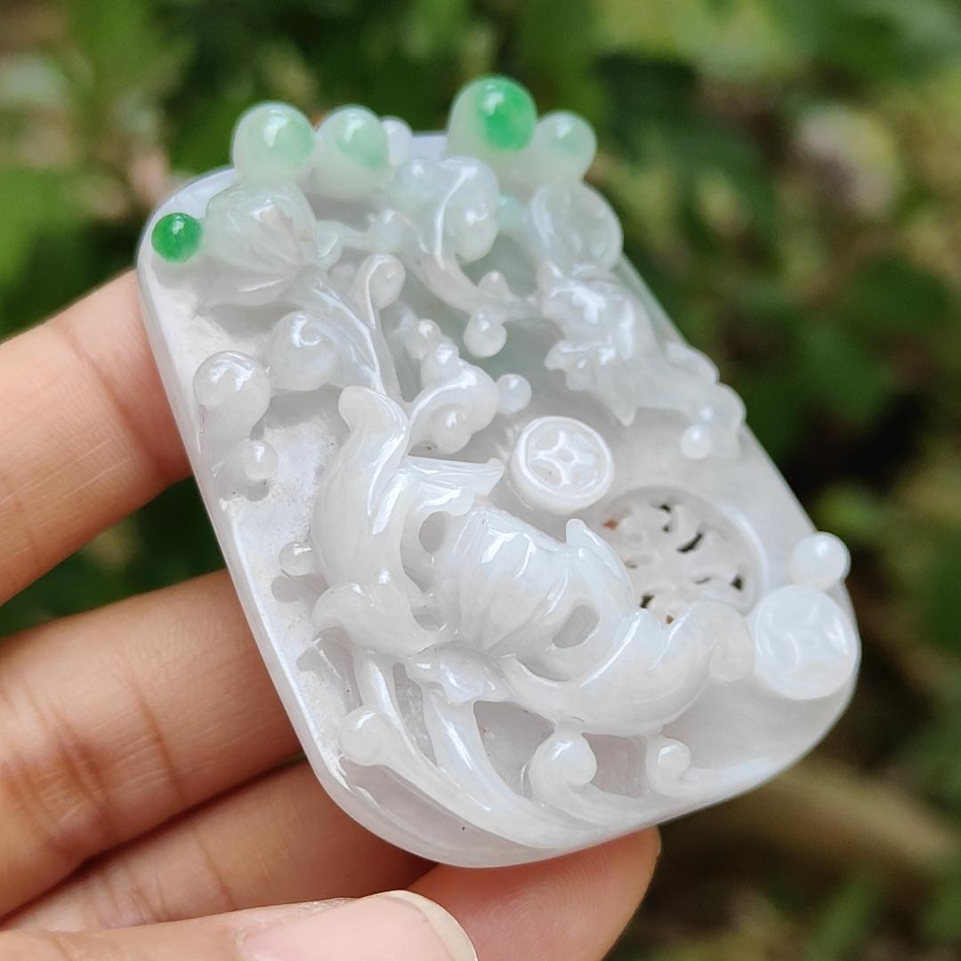Old school hollow style Green and White Natural Type A Jadeite Jade crafted with flowers and coins as a pendant necklace with certificate weigh 41.56 grams, measurement 56.3 * 43.2 * 11.8 mm (pendant204) Yi Pin Qian