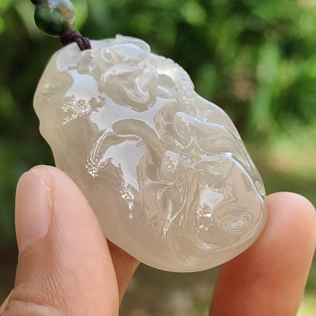 Premium High Quality Old Pit Natural Type A Jadeite Jade crafted with fish and Lotus as Pendant, certificate weigh 25.4 grams, measurement 44.2 * 28.5 * 12.3mm (pendant243) Yi Pin Qian