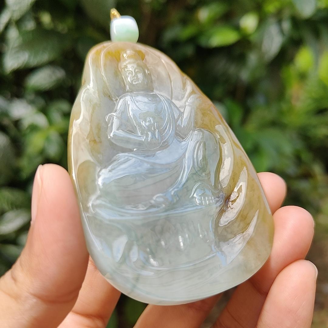Hugh High Quality Light Green, Yellow Brown and Red Natural Type A Jadeite Jade crafted as Guanyin for Pendant, certificate weighs 79.47 grams, measurement 83.3 * 52.6 * 8.5 mm (pendant282) Yi Pin Qian