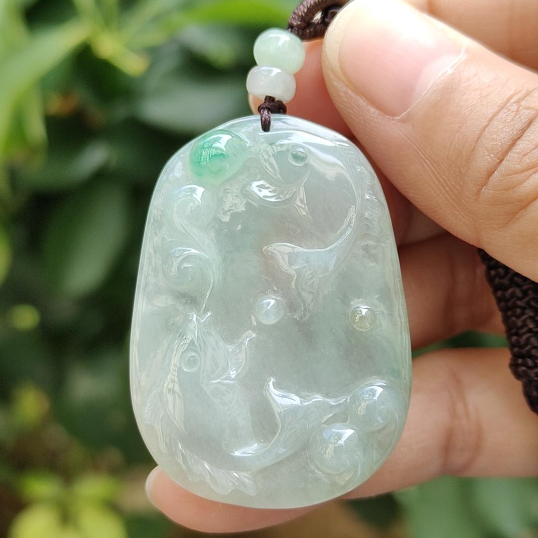 Crafted with pair of fish on Natural Type A Jadeite Jade as pendant certificate weighs 13.22 grams, measurement 42.8 * 30.3 * 5.2 mm (pendant343) Yi Pin Qian Jadeites Jade Jewelry ~Your Precious Quintessential ~ Singapore