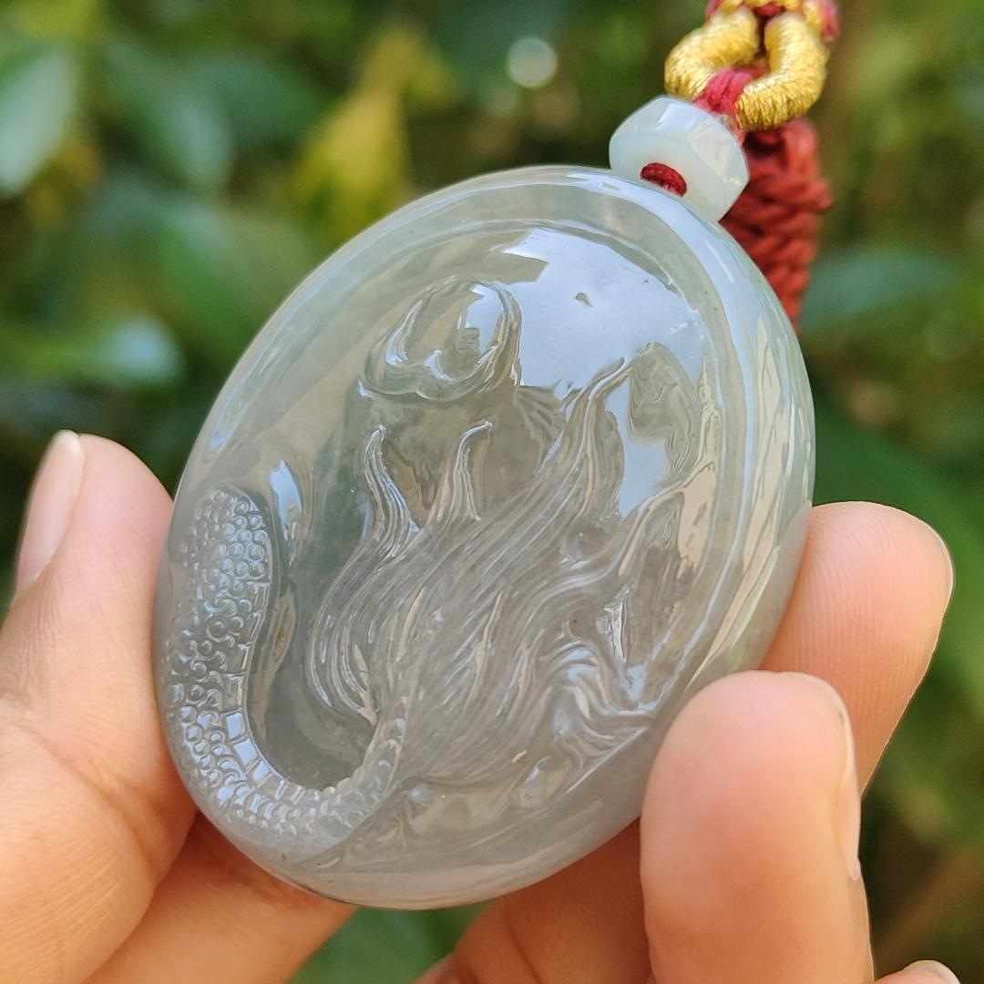 Light green with Brown fine quality Natural Type A Jadeite Pendant carved with dragon meaning wisdom, Auspiciousness, strength and independence with certificate weigh 41.21 grams, 46 * 40.60 * 10.80 mm, very suitable for daily wear (pendant91) Yi Pin Qian