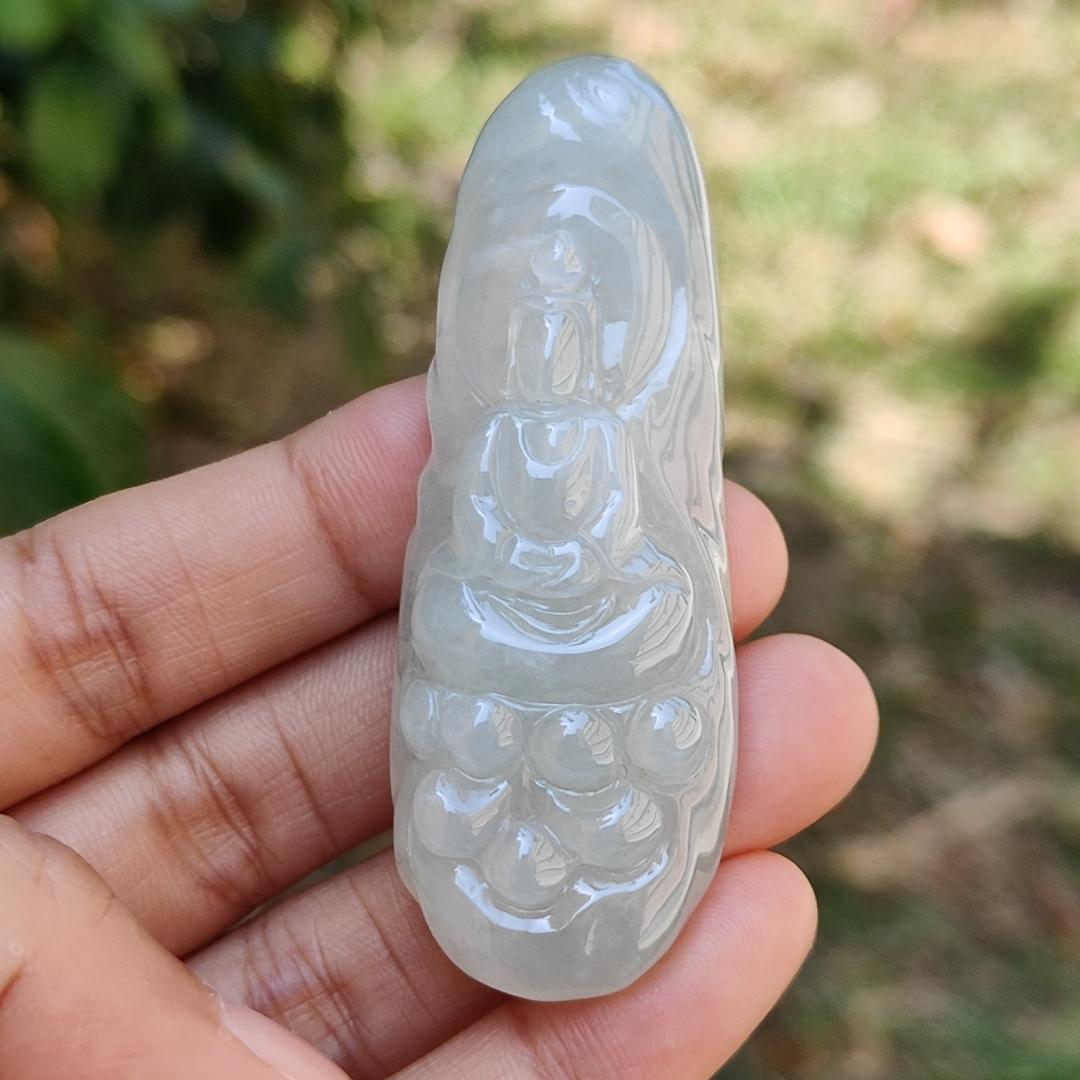 High Quality Light Green Hue Natural Type A Jadeite Jade crafted with Faceless Guanyin as Pendant, Certificate weighs 33.26 grams, measurement 63.8 * 23.6 * 12.2 mm (pendant237) Yi Pin Qian
