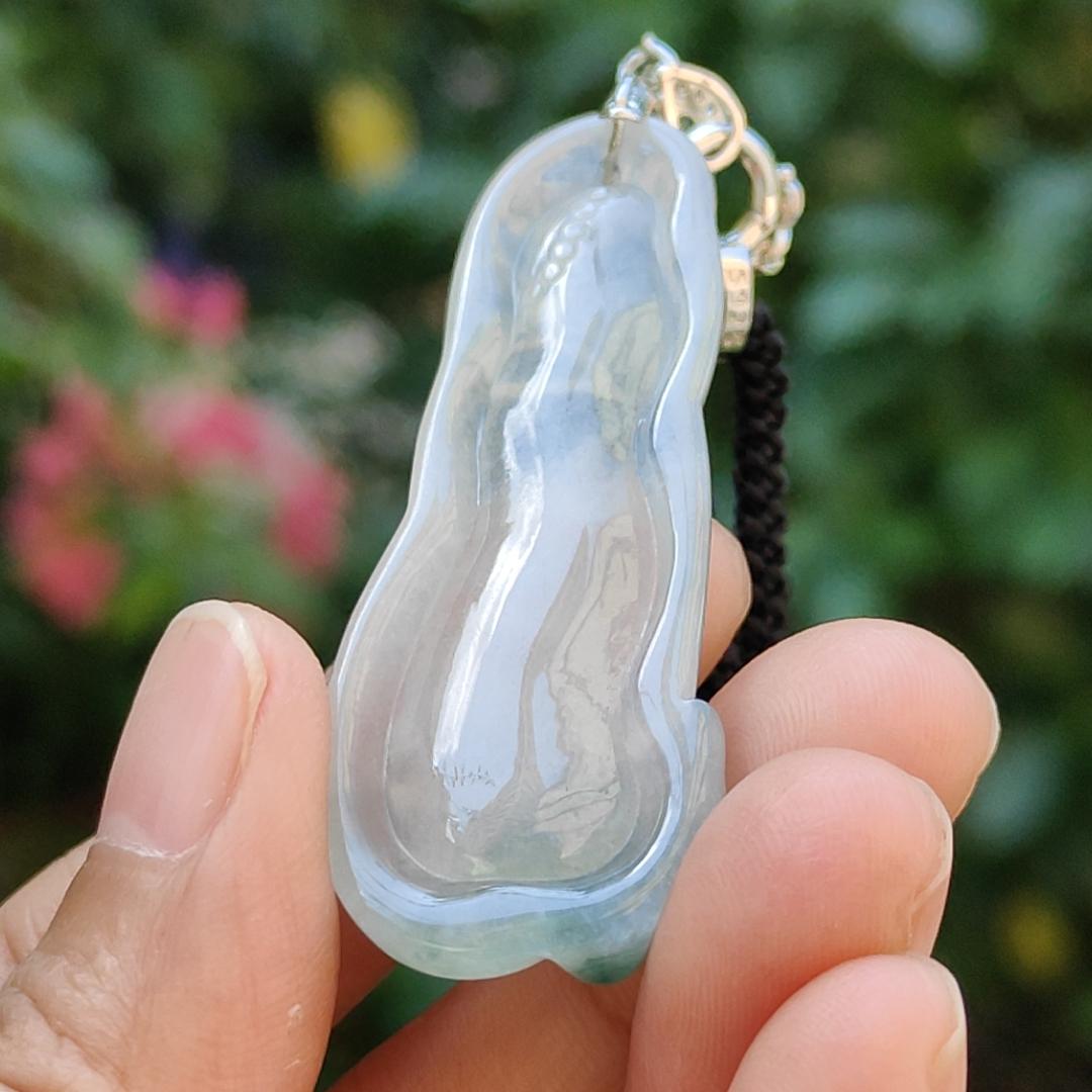Icy variety Translucent with green Natural Type A Jadeite Pendant Necklace crafted as the faceless buddha with symbols of Holy and blessed blessings of wealth, prosperity and happiness with certificate weigh 11.02 grams, 49.9 * 19.9 * 7 mm (pendant34) Yi Pin Qian