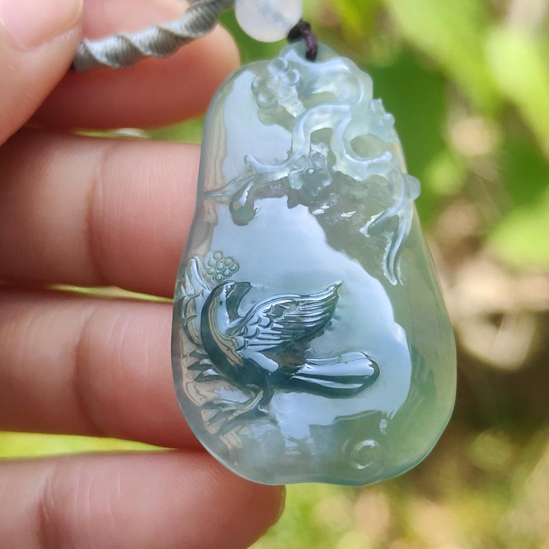 High Premium Quality Icy Green Natural Type A Jadeite Jade Pendant Necklace crafted with bird, flower and tree trunk, certificate included weigh 11.70 grams, measurement 40 * 23 * 6.3 mm (pendant187) Yi Pin Qian