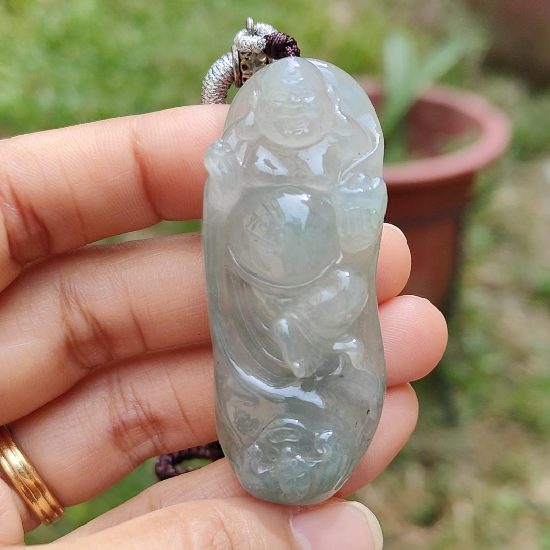 Premium Rare Semi Icy Natural Type A Jadeite Jade crafted with Milo Buddha as Pendant Necklace with certificate weigh 30.56 grams, measurement 56 * 23 * 12.8 (pendant207) Yi Pin Qian