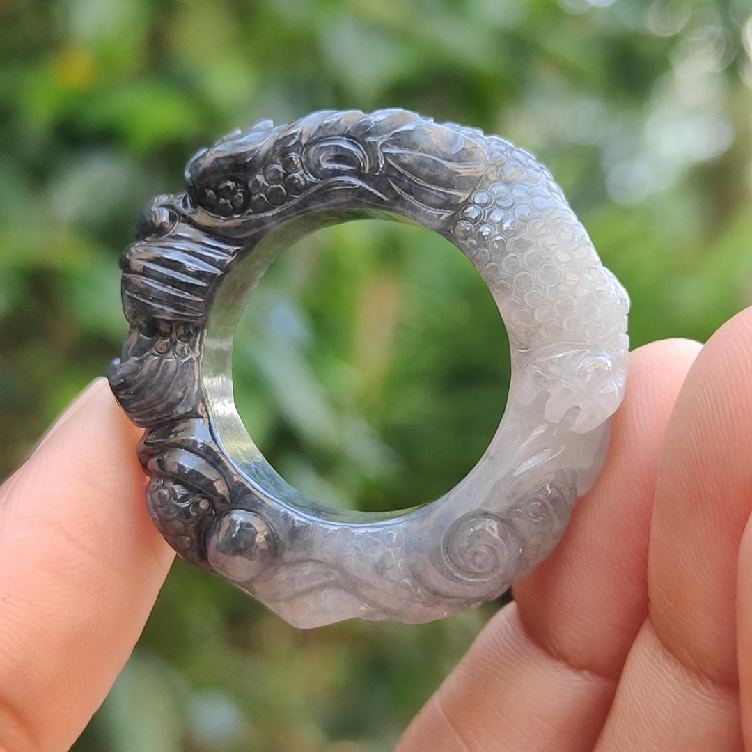 Black and White Natural Type A Jadeite Jade crafted with Dragon as 21mm Ring, certificate weigh 16.8 grams, measurement 10.5 * 8.3 mm (ring7) Yi Pin Qian