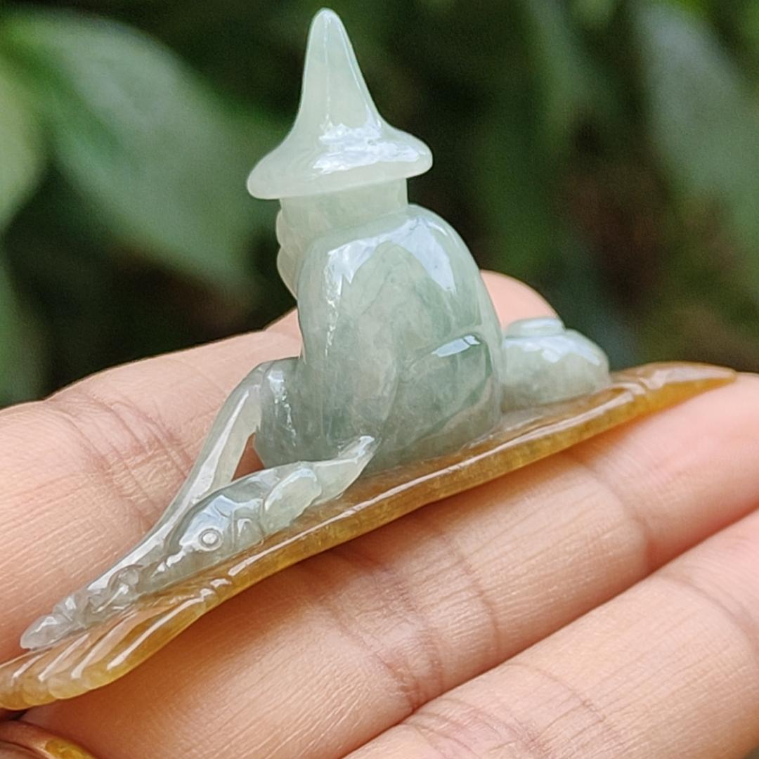 Light Green with Yellow Natural Type A Jadeite Jade crafted with Old Men Fishing as Display, certificate weighs 17.06 grams, measurement 65.2 * 32.8 * 12 (display1) Yi Pin Qian