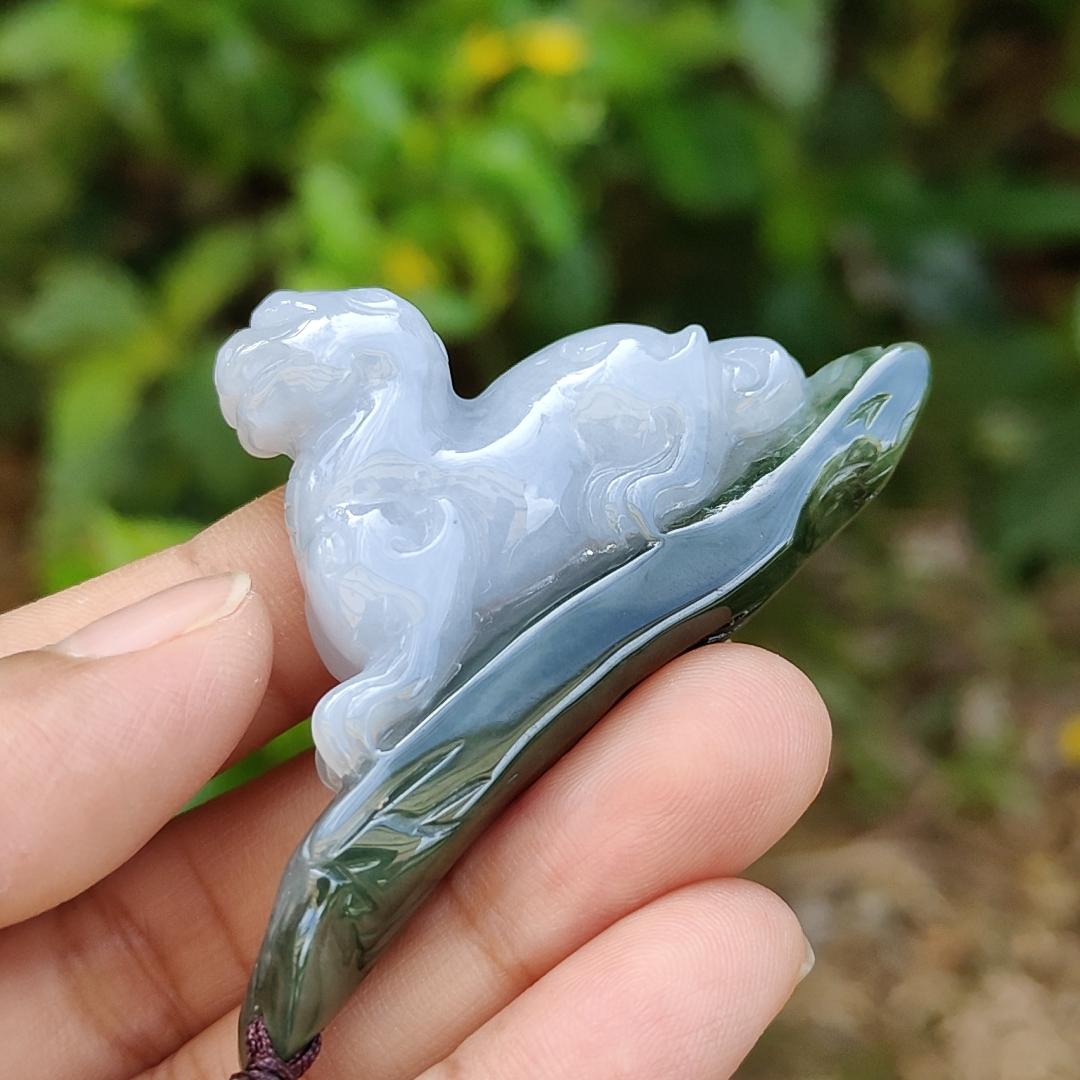 Lavender and Green Natural Type A Jadeite Handheld Piece crafted with Pixiu meaning rich, happiness and good luck with certificate weight 29.97 grams, 61.30 * 10.70 * 34.60 mm, also suitable for display anywhere at home, car or office (hand1) Yi Pin Qian