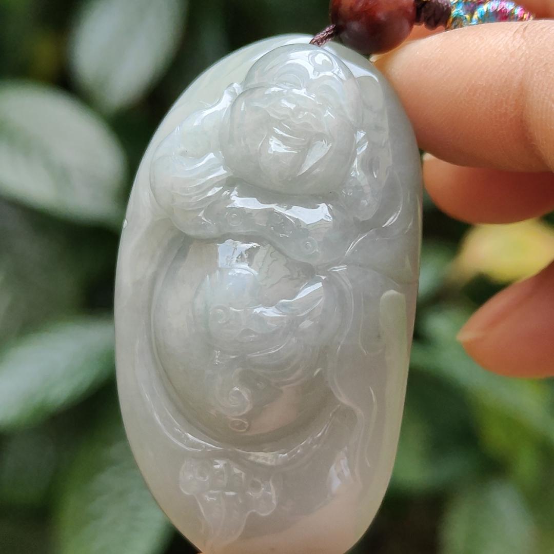 High Quality Light Green Hue Natural Type A Jadeite Jade crafted as Milo Buddha for Pendant, certificate weighs 44.34 grams, measurement 52.6 * 29.6 * 17.5 mm (pendant289) Yi Pin Qian