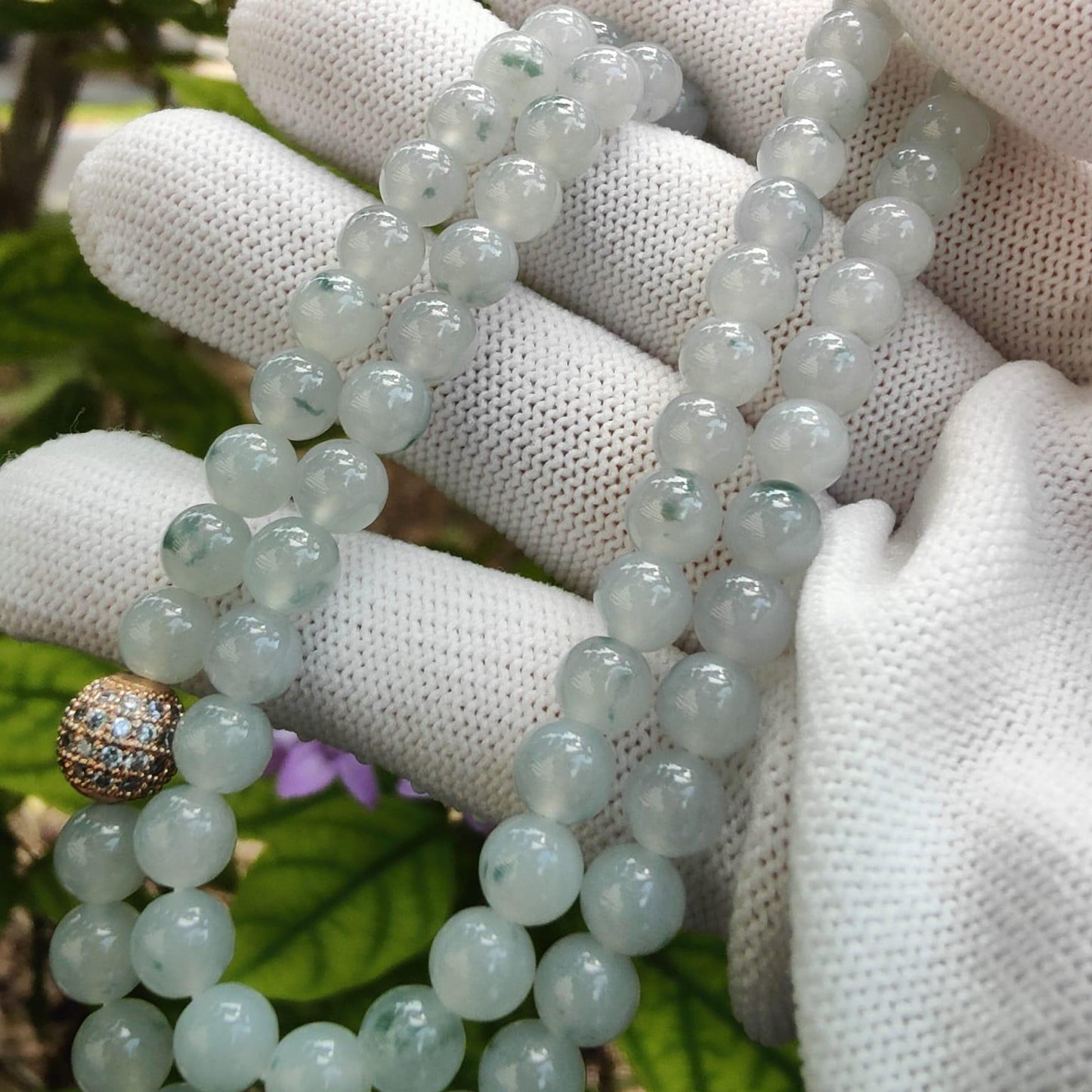 108 beads 6.5mm crafted on High Quality Green Patches Natural Type A Jadeite Jade as Necklace or Bracelet certificate weighs 50.86 grams (bracelet32) Yi Pin Qian Jadeites Jade Jewelry ~Your Precious Quintessential ~ Singapore