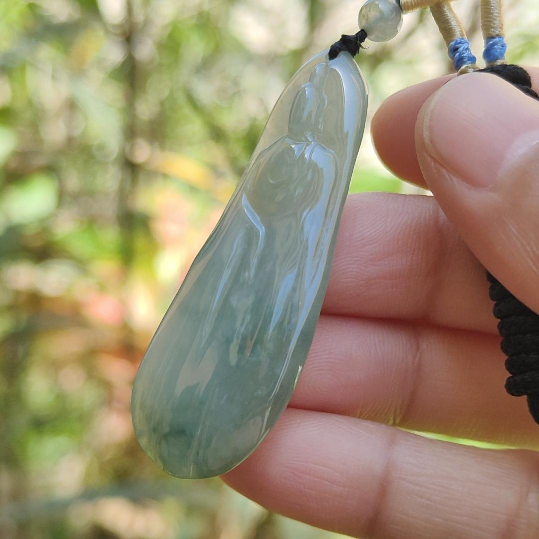 Light Green Natural Type A Jadeite Jade Pendant Necklace crafted with faceless Guanyin with QIC labs approved certificate weigh 11.82 grams, measurement 52 * 17.7 * 5.7 mm (pendant175) Yi Pin Qian