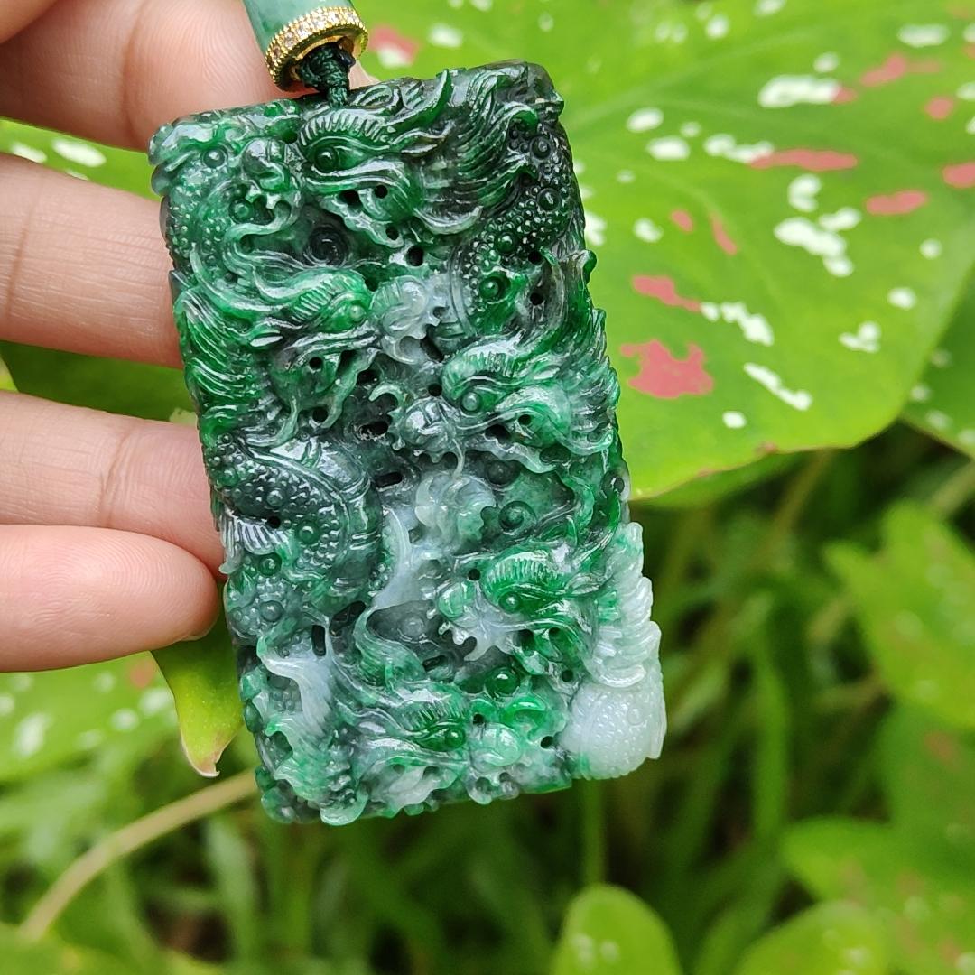 Lots of Green with Wuji carved as nine dragons Natural Type A Jadeite pendant with certificate weight 45.16 grams, 60.30 * 35.30 * 9.90 mm suitable for daily wear (pendant120) Yi Pin Qian