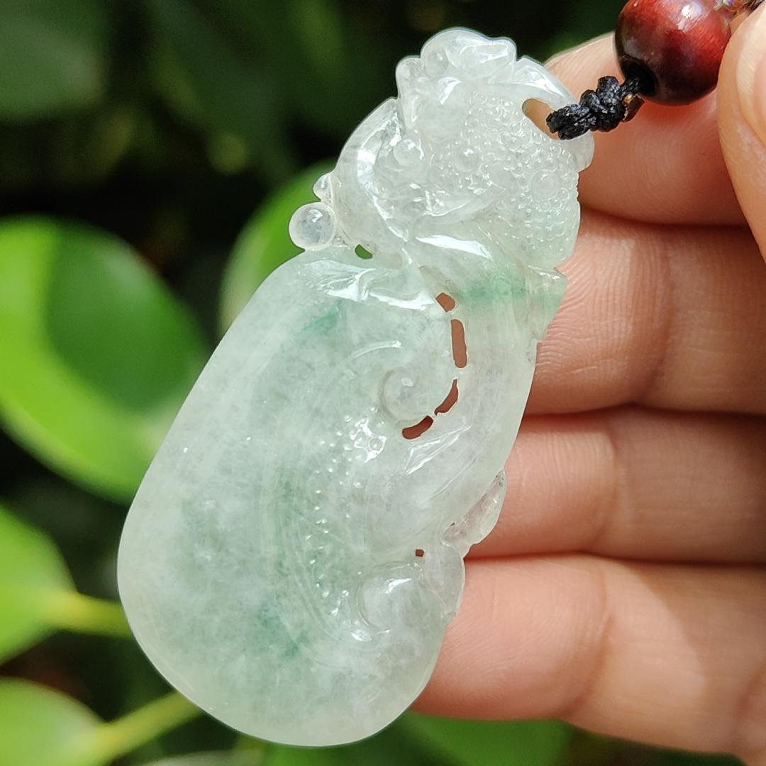 High Quality Light Green Hue Natural Type A Jadeite Jade crafted with shape of Ruyi and Three Legs Toad as Pendant, certificate weighs 13.02 grams, measurement 47.8 * 22.8 * 9 mm (pendant291) Yi Pin Qian