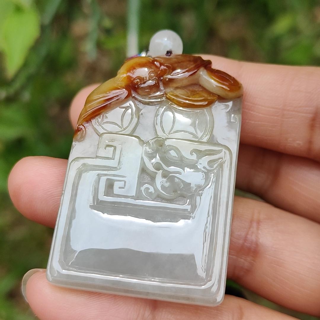Collectible Rare Brown with Red Natural Type A Jadeite Pendant Necklace crafted with Bat, Coins, Old school Style Dragon and chinese word blessing, Symbols of Money, Luck and lots of blessing, Certificate included weigh 25.61 grams, 45.5 * 29.9 * 7.5 mm Yi Pin Qian