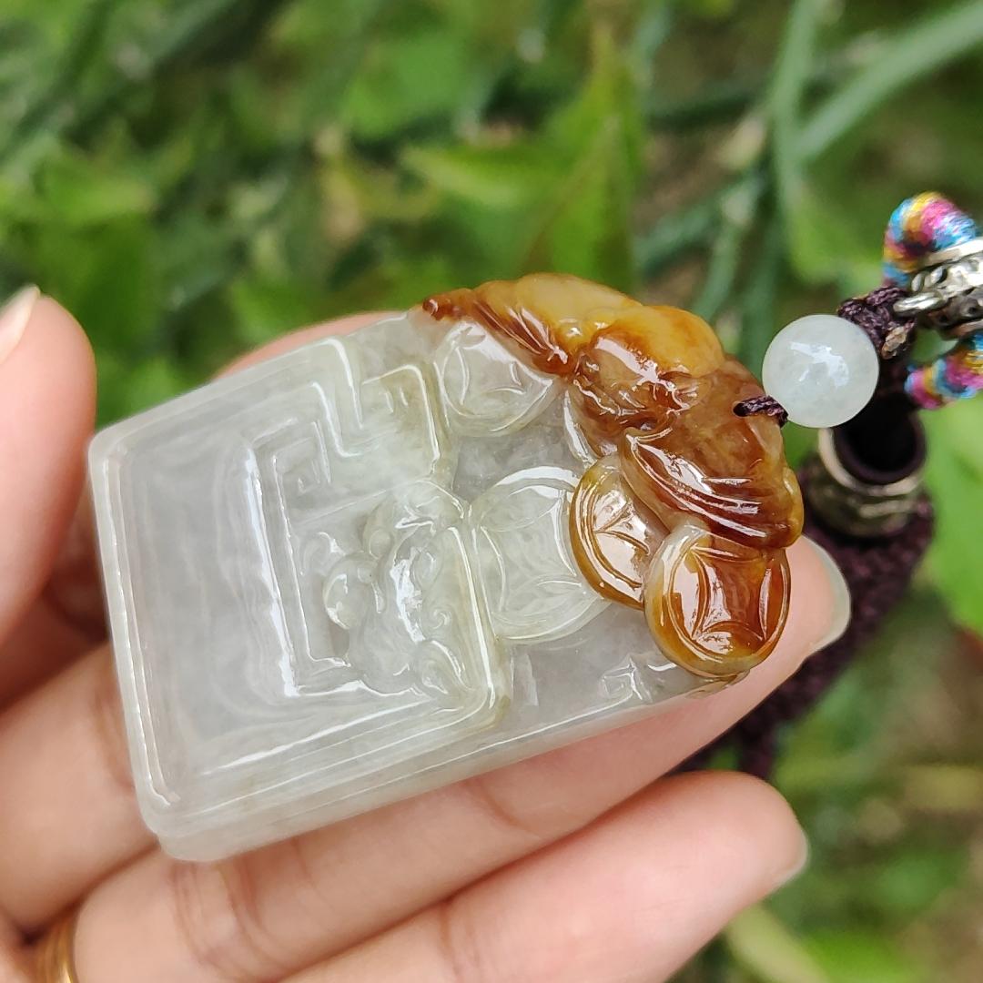 Collectible Rare Brown with Red Natural Type A Jadeite Pendant Necklace crafted with Bat, Coins, Old school Style Dragon and chinese word blessing, Symbols of Money, Luck and lots of blessing, Certificate included weigh 25.61 grams, 45.5 * 29.9 * 7.5 mm Yi Pin Qian