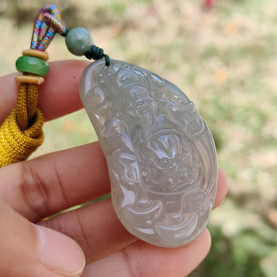 High Quality Icy Translucent Natural Type A Jadeite Jade crafted with God of Fortune as Pendant, certificate weighs 24.19 grams, measurement 48.8 * 27.3 * 10 mm (pendant274) Yi Pin Qian