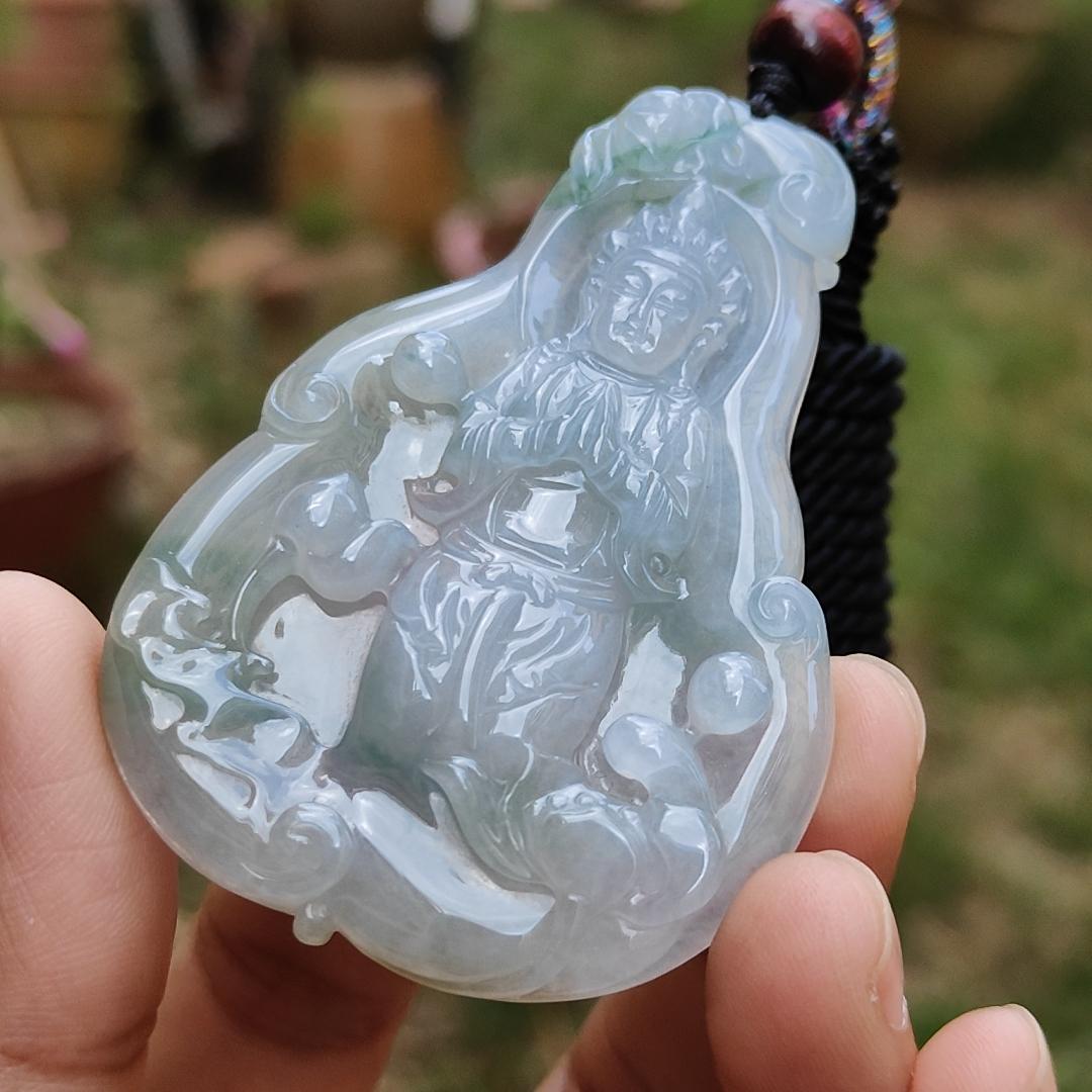 High Quality Light Lavender, Light Green with Yellow patches Natural Type A Jadeite Jade crafted with Guanyin as Pendant, certificate weigh 27.22 grams, measurement 63 * 44.3 * 6.8 mm (pendant229) Yi Pin Qian