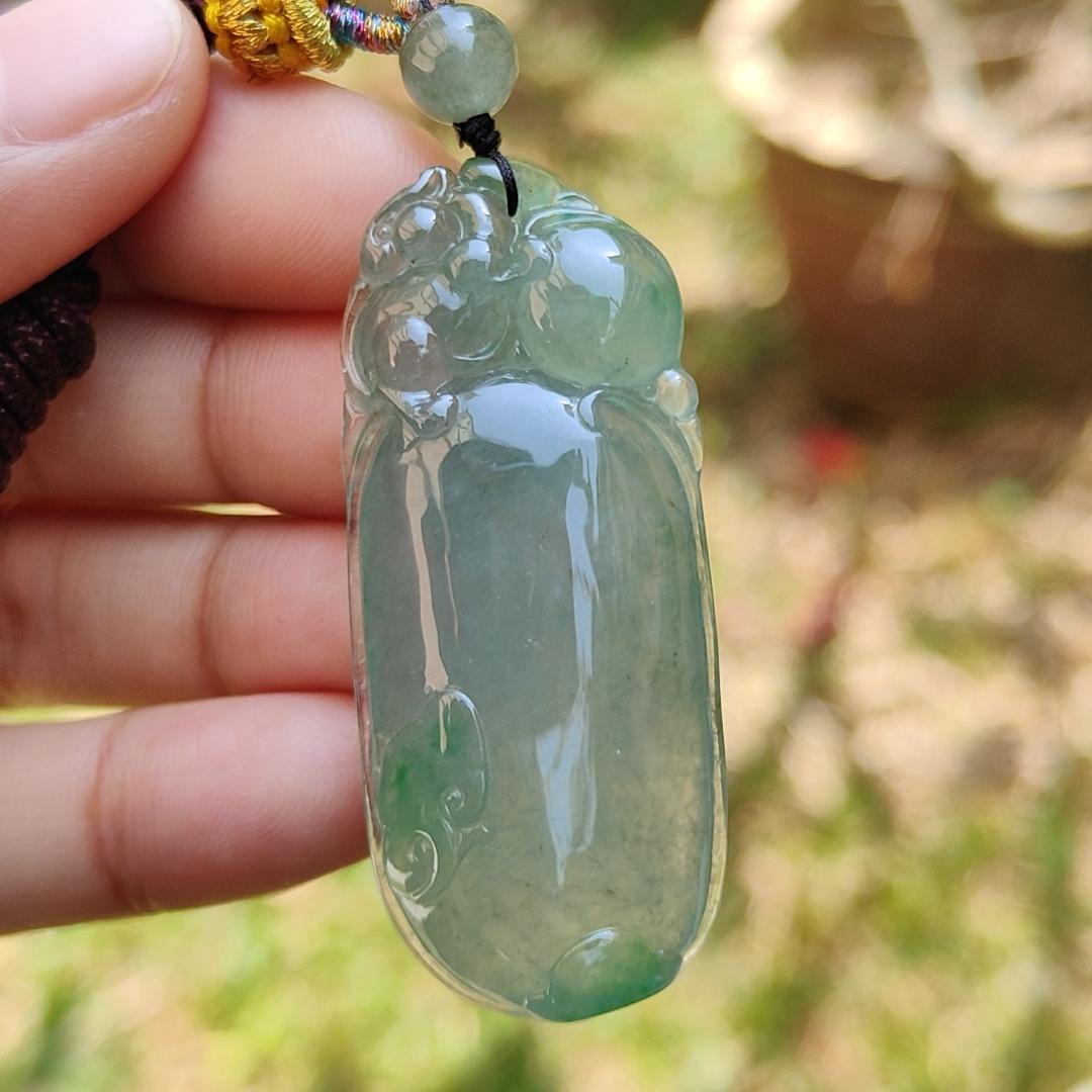 Premium Quality Icy Translucent Green with Green Patches Natural Type A Jadeite Jade crafted with Squirrel and Ruyi as Pendant, certificate weigh 17.83 grams, measurement 49.3 * 21 * 9.3 mm (pendant225) Yi Pin Qian