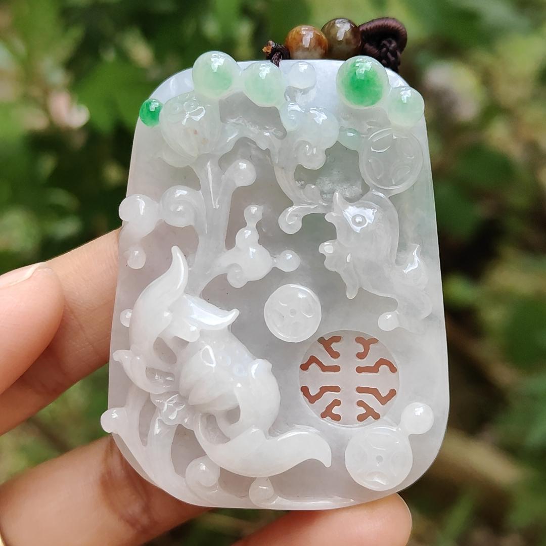 Old school hollow style Green and White Natural Type A Jadeite Jade crafted with flowers and coins as a pendant necklace with certificate weigh 41.56 grams, measurement 56.3 * 43.2 * 11.8 mm (pendant204) Yi Pin Qian