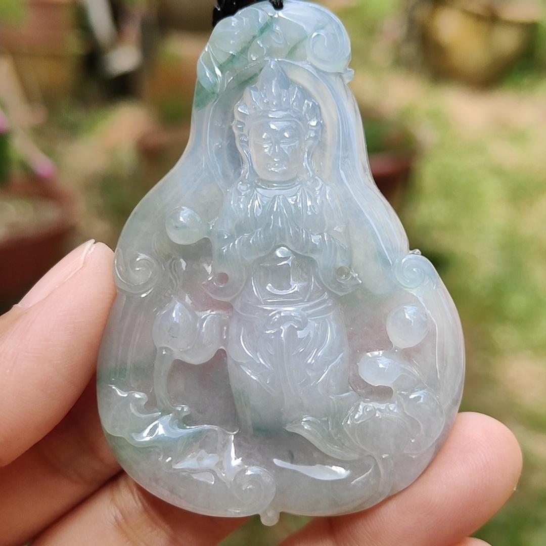 High Quality Light Lavender, Light Green with Yellow patches Natural Type A Jadeite Jade crafted with Guanyin as Pendant, certificate weigh 27.22 grams, measurement 63 * 44.3 * 6.8 mm (pendant229) Yi Pin Qian