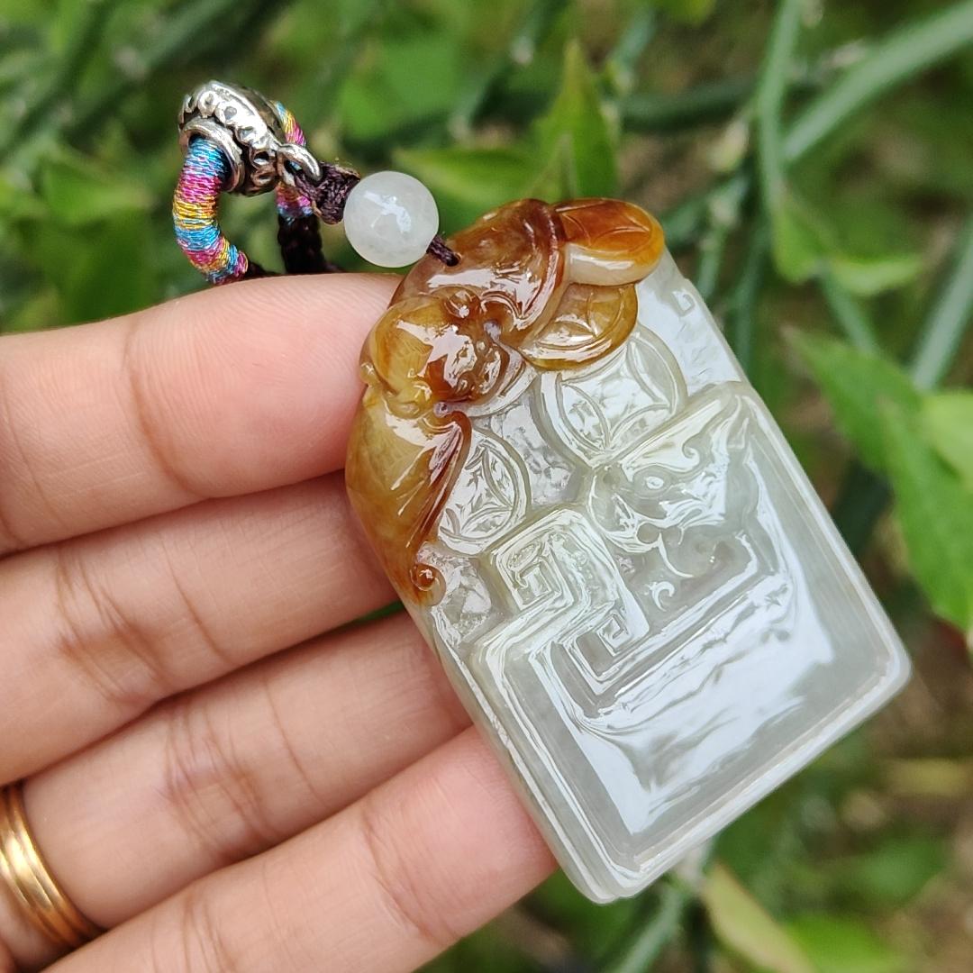 Collectible Rare Brown with Red Natural Type A Jadeite Pendant Necklace crafted with Bat, Coins, Old school Style Dragon and chinese word blessing, Symbols of Money, Luck and lots of blessing, Certificate included weigh 25.61 grams, 45.5 * 29.9 * 7.5 mm Yi Pin Qian