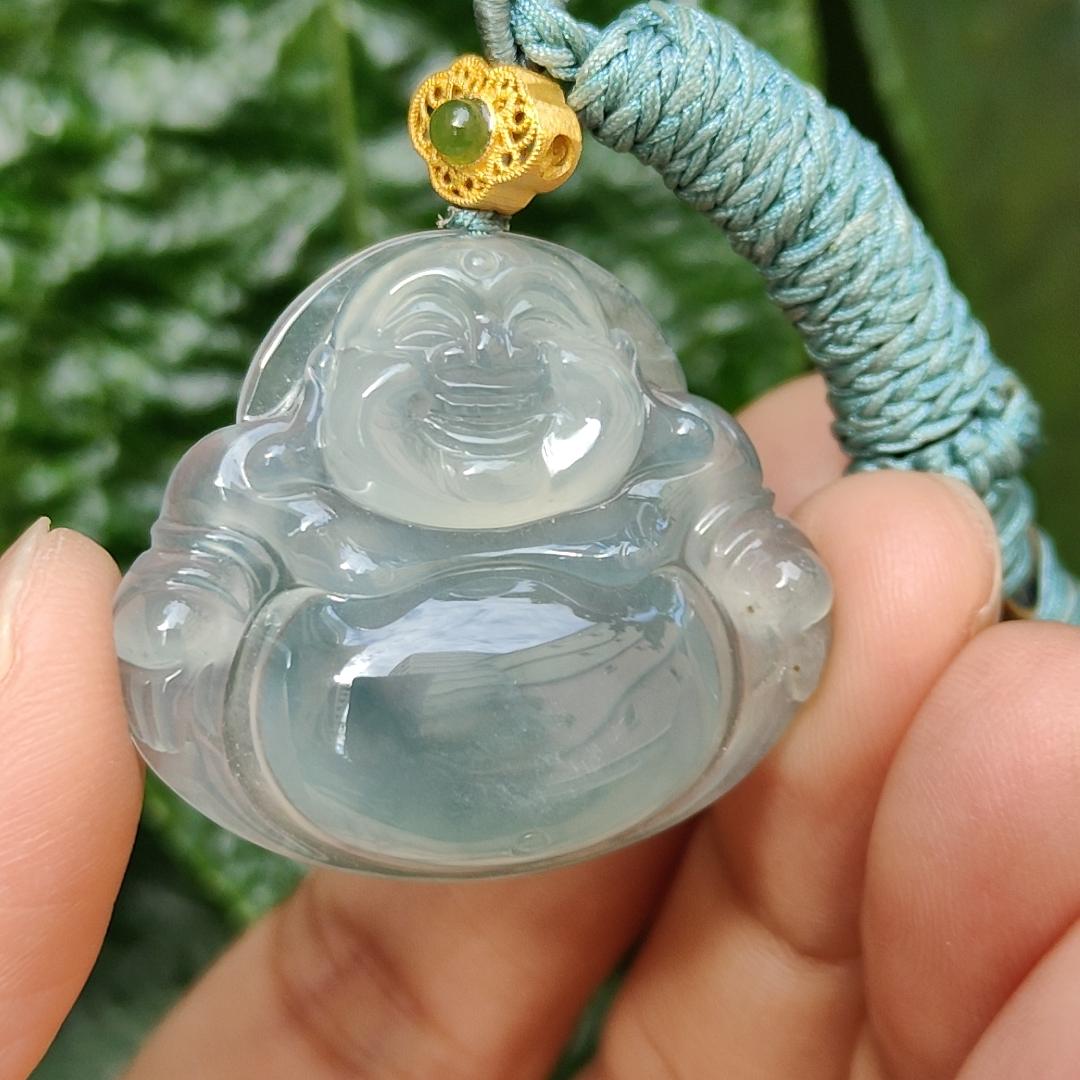 Old Pit Icy Bluish Green Natural Type A Jadeite Pendant Necklace crafted as Laughing Buddha with certificate weigh 13.48 grams, 27.7 * 31.6 * 7.2 mm (pendant162) Yi Pin Qian