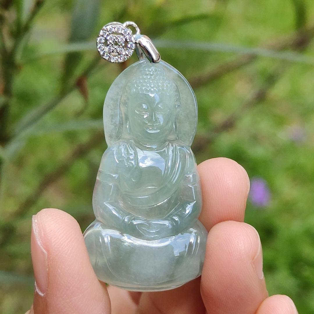 Premium Icy Good Translucency Green Hue Natural Type A Jadeite Pendant Necklace crafted as Buddha with certificate weigh 8.65 grams, 42.5 * 23.8 * 5.8 mm, collectible jadeite suitable for daily wear Yi Pin Qian