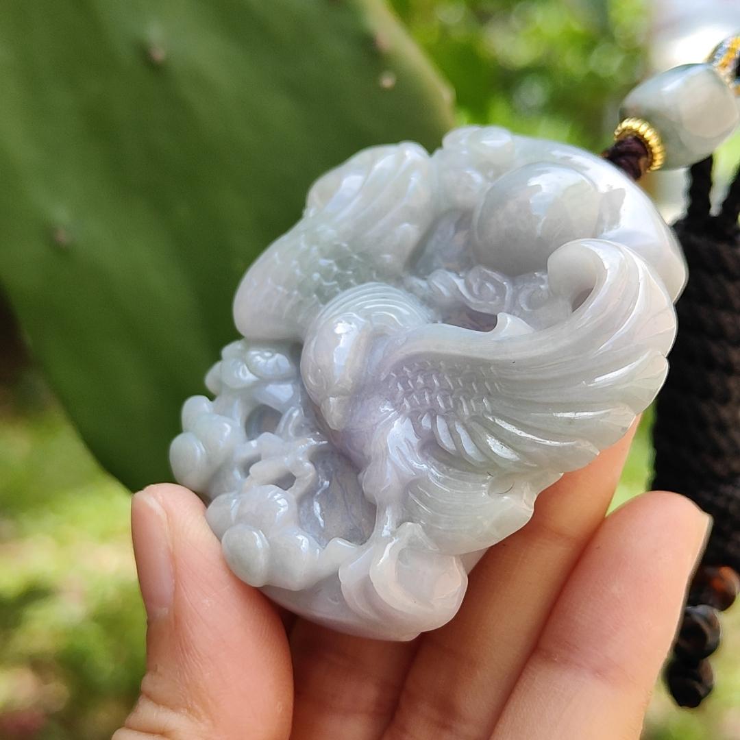 Lavender Natural Type A Jadeite Pendant crafted with Eagle meaning win, good for businesse, majesty, power and freedrom, certificate weight 75.8150 gram, 57 * 54.20 * 15.10 mm (pendant111) Yi Pin Qian