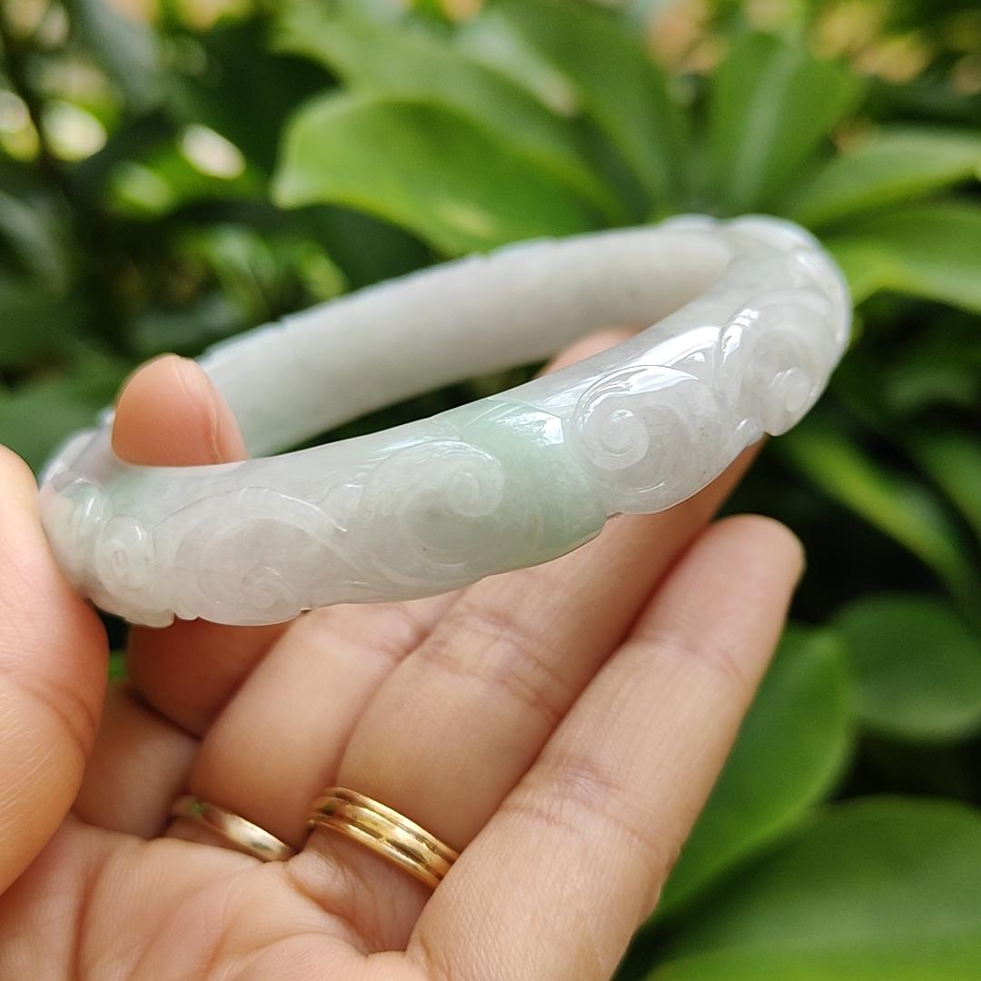 Type A Natural Jadeite Jade - Light Lavender Light Green Peace Bangle crafted with Patterns of Flowers, certificate weighs 54.67 grams, Wrist Size 56.6mm, Width 11.7 and Thickness 9mm (bangle11) Yi Pin Qian Jadeites Jade Jewelry ~Your Precious Quintessential ~ Singapore
