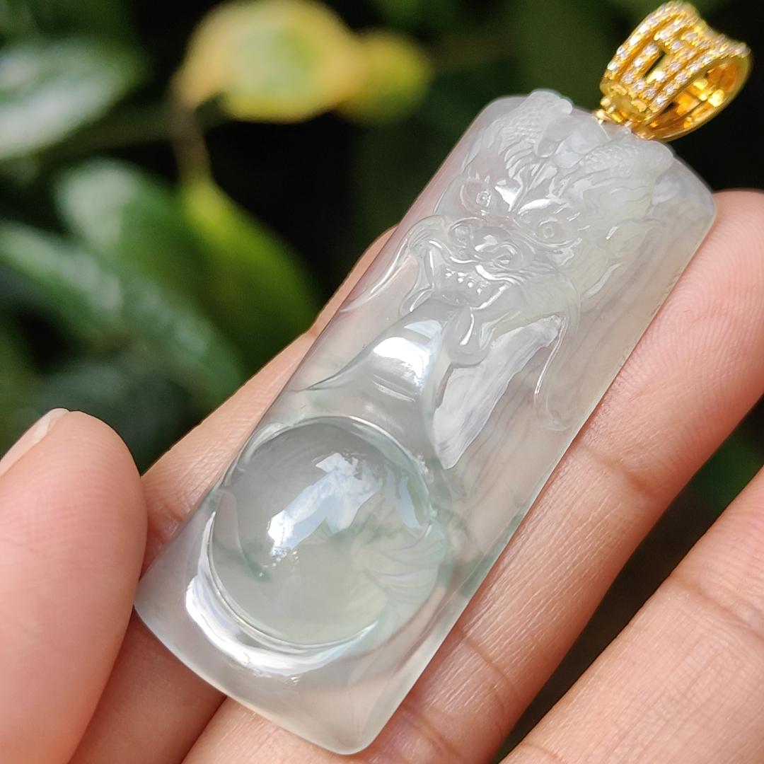 Premium Icy Translucent Light Green Natural Type A Jadeite Jade crafted with Dragon set on 18k Gold as Pendant, certificate weighs 12.99 grams, measurement 46.8 * 19.7 * 7.7 mm (18kp43) Yi Pin Qian