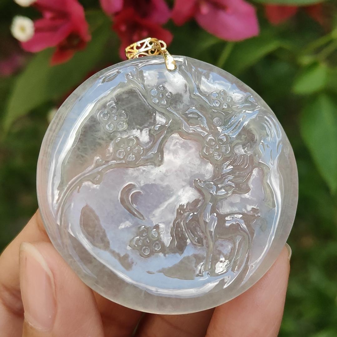 High Premium Icy Variety Quality Natural Type A Jadeite Jade Pendant Necklace crafted as Deer meaning all the way with you with certificate weigh 21.24 grams, measurement 46.9 * 47 * 4.8 mm (18kp10) Yi Pin Qian