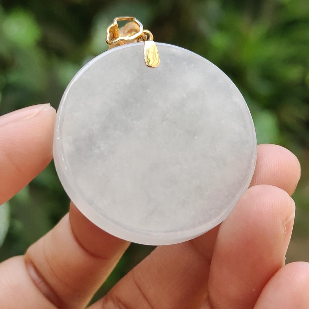 Mid-Year Special - Semi Icy Translucent Natural Type A Jadeite Jade crafted with round shape as Pendant with 18k Gold Clasp, certificate weigh 18.24 grams, measurement 35.2 * 5.5 mm (18kp32) Yi Pin Qian